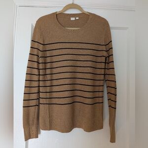 GAP Women's Medium Camel Black Striped Waffle Cotton-blend Crewneck Sweater EUC